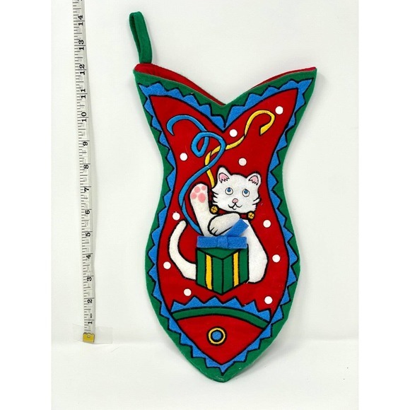 Felt Appliqued Santa KITTY CAT Fish Shaped‎ Felt Christmas Stocking 14" by L'art - Picture 2 of 3